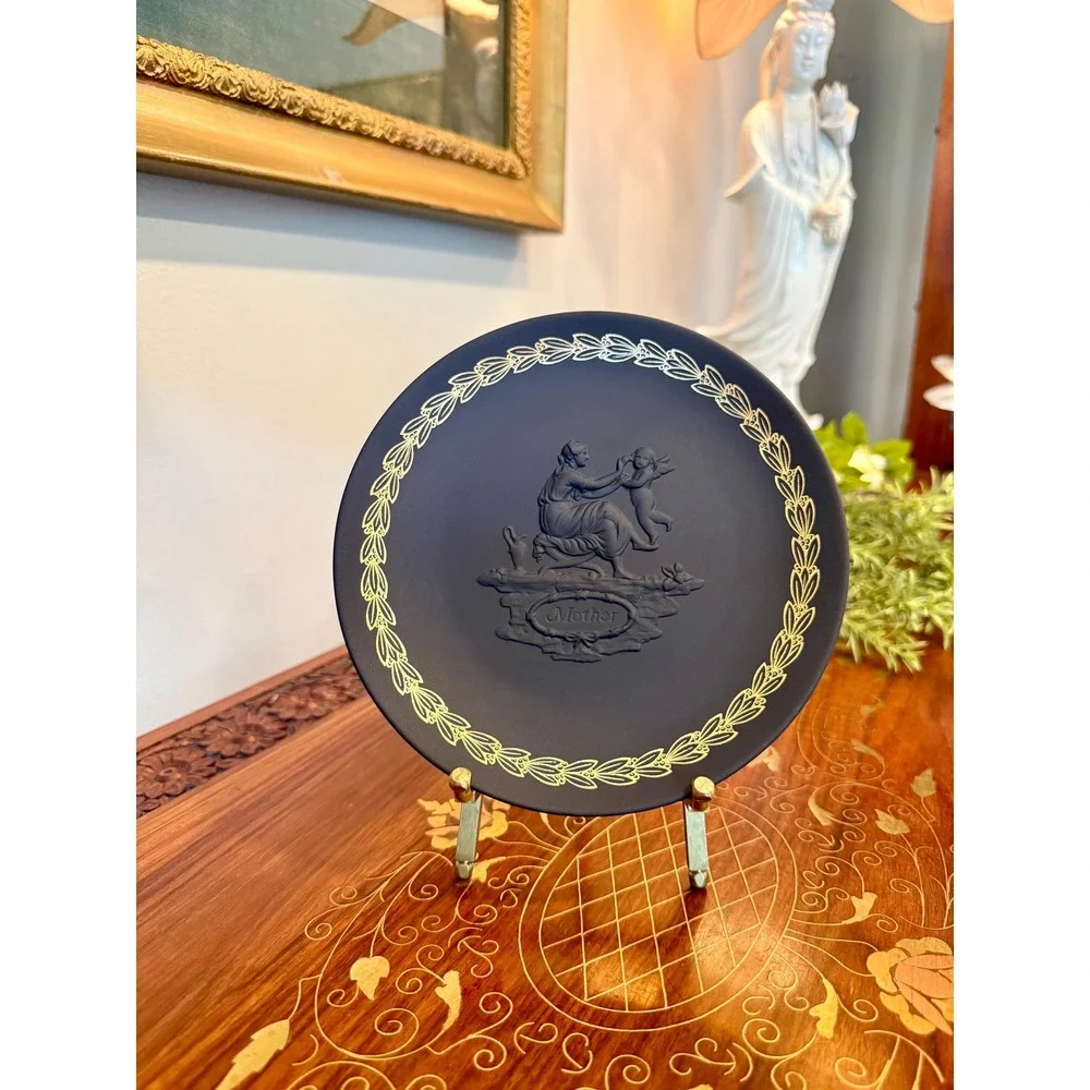 Vintage Wedgwood Mother Plate • Black Basalt Jasperware Gold Relief